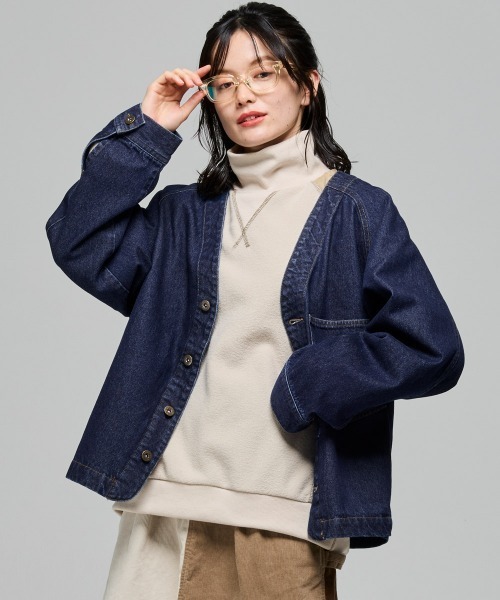 KRIFF MAYER Lady's Collection(クリフメイヤーレディースコレクション)の「ノーカラーカラーデニムジャケット(デニムジャケット・レディース・ベージュ/ダークグリーン/ダークブルー・MEDIUM/LARGE)」の1枚目の写真