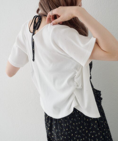 Kastane(カスタネ)の「リブスタッズ半袖カーディガン(Tシャツ/カットソー・レディース・オフホワイト/ブラック/サックスブルー・FREE)」の9枚目の写真
