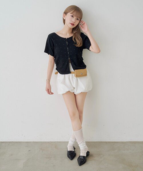 Kastane(カスタネ)の「リブスタッズ半袖カーディガン(Tシャツ/カットソー・レディース・オフホワイト/ブラック/サックスブルー・FREE)」の13枚目の写真
