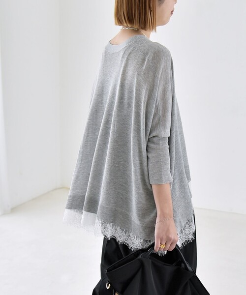 quaranciel:〈手洗い可能〉レース ヘム Vネック ポンチョ ニット