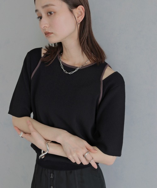 &g'aime(アンジェム)の「【&g'aime】レイヤードバイカラーニット LAYERED BICOLOR KNIT(ニット/セーター・レディース・ブラック/アイボリー/ブラウン・FREE)」の7枚目の写真