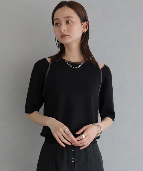 &g'aime(アンジェム)の「【&g'aime】レイヤードバイカラーニット LAYERED BICOLOR KNIT(ニット/セーター・レディース・ブラック/アイボリー/ブラウン・FREE)」の6枚目の写真