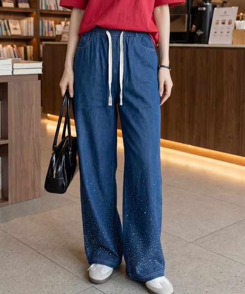 umune(ウムネ)の「ラインストーン付イージーデニムパンツ 秋 冬(その他パンツ・レディース・ライトインディゴブルー/インディゴブルー/ブラック・L/M)」の3枚目の写真