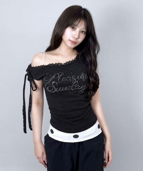 FOLLOWIN(フォロウィン)の「3color/レースレイヤード オフショルドットリボントップス(Tシャツ/カットソー・レディース・ホワイト/ブラック/グレー・FREE)」の11枚目の写真
