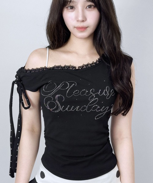FOLLOWIN(フォロウィン)の「3color/レースレイヤード オフショルドットリボントップス(Tシャツ/カットソー・レディース・ホワイト/ブラック/グレー・FREE)」の12枚目の写真