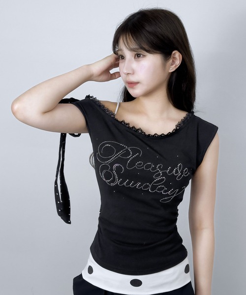 FOLLOWIN(フォロウィン)の「3color/レースレイヤード オフショルドットリボントップス(Tシャツ/カットソー・レディース・ホワイト/ブラック/グレー・FREE)」の13枚目の写真