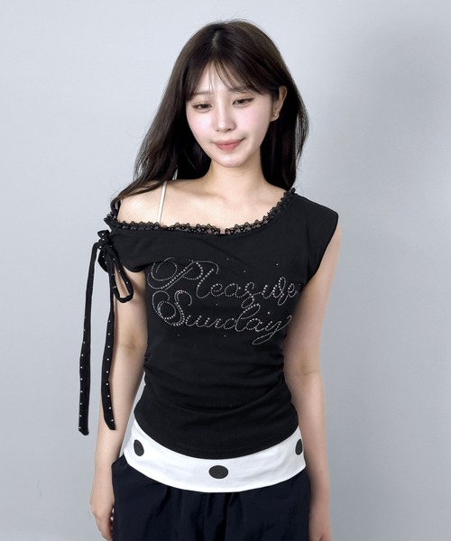 FOLLOWIN(フォロウィン)の「3color/レースレイヤード オフショルドットリボントップス(Tシャツ/カットソー・レディース・ホワイト/ブラック/グレー・FREE)」の14枚目の写真