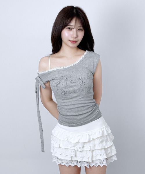 FOLLOWIN(フォロウィン)の「3color/レースレイヤード オフショルドットリボントップス(Tシャツ/カットソー・レディース・ホワイト/ブラック/グレー・FREE)」の21枚目の写真