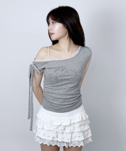 FOLLOWIN(フォロウィン)の「3color/レースレイヤード オフショルドットリボントップス(Tシャツ/カットソー・レディース・ホワイト/ブラック/グレー・FREE)」の22枚目の写真