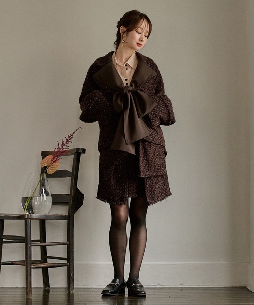 mideal(マイディール)の「ribbon design tweed jacket / リボンデザインツイードジャケット(テーラードジャケット・レディース・ブラウン/ボルドー・FREE)」の4枚目の写真