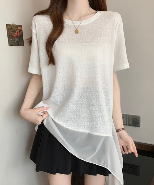 Girly Doll(ガーリードール)の「フリルシフォン切り替えTシャツ(Tシャツ/カットソー・レディース・ブラック/ホワイト・L/M)」の1枚目の写真