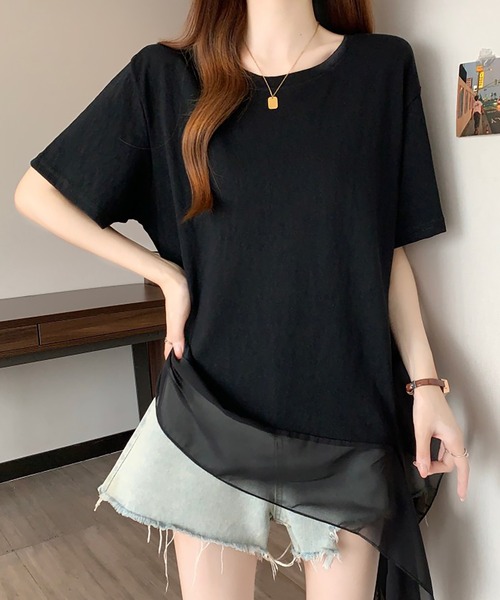 Girly Doll(ガーリードール)の「フリルシフォン切り替えTシャツ(Tシャツ/カットソー・レディース・ブラック/ホワイト・L/M)」の2枚目の写真