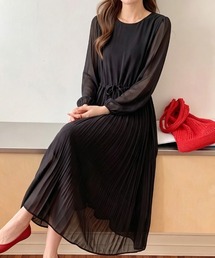 シフォンプリーツワンピース シアースリーブ ワンピース ウエストリボン ロング プリーツワンピース 長袖 プリーツ パフスリーブ シアー ロングワンピース 春服 夏服 秋服