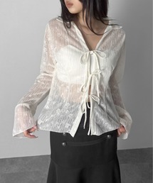 【LVEU.】フロントリボンシアーシャツ / トップス シャツ リボン シアー シースルー レース ストレッチ ベルスリーブ ブラック ホワイト ZOZOTOWN限定