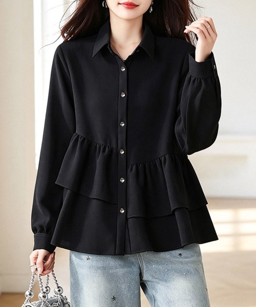 ONEP STAR(ワンピスター)の「アシンメトリーティアードフリル長袖シャツ(シャツ/ブラウス・レディース・ブラック・X-LARGE/LARGE)」の1枚目の写真