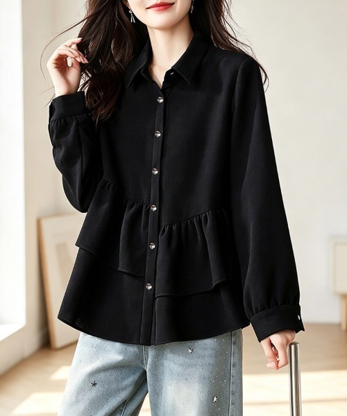 ONEP STAR(ワンピスター)の「アシンメトリーティアードフリル長袖シャツ(シャツ/ブラウス・レディース・ブラック・X-LARGE/LARGE)」の6枚目の写真