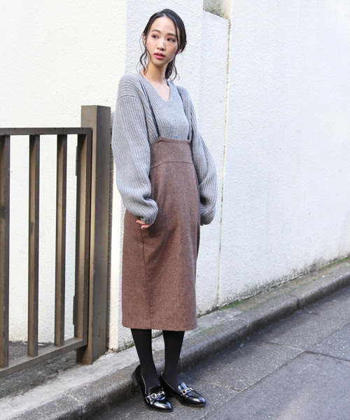 mysty woman(ミスティウーマン)の「【チェック柄/ヘリンボーン】サスペンダー付タイトスカート(スカート・レディース・グレー/ライトブラウン/モカ/マスタード・FREE)」の20枚目の写真