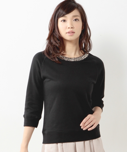 Jewel Changes(ジュエルチェンジズ)の「JC 裏毛 装飾付き ラグラン7分袖 3(スウェット・レディース・ブラック/グレー・フリー)」の1枚目の写真