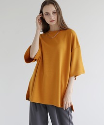 サイドスリットコットンポンチビッグシルエット5分袖ドレープカットソー