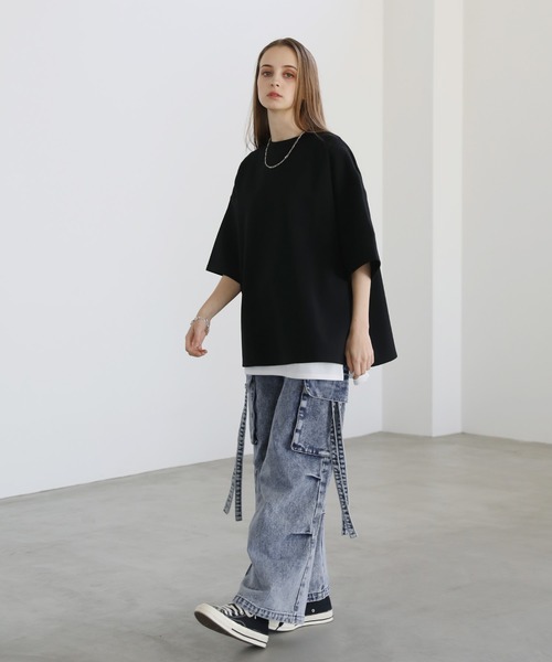 【全2色】スリット長袖カットソー　ホワイト ブラック 【besek-0820atop】( lam )(240822) セール】サイドスリットコットンポンチビッグシルエット5分袖