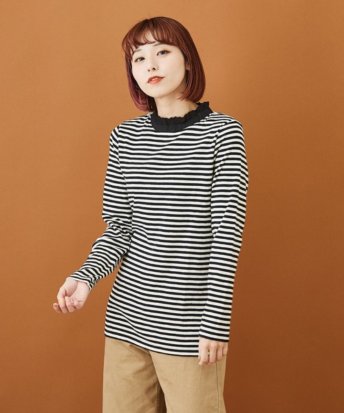 CUBE SUGAR（キューブシュガー）の「ショートスラブフライスボーダー長袖フリルスタンド衿（Tシャツ/カットソー・レディース・ブラック×ホワイト/グレー×ホワイト・M）」の2枚目の写真