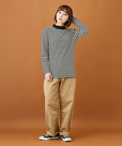 CUBE SUGAR（キューブシュガー）の「ショートスラブフライスボーダー長袖フリルスタンド衿（Tシャツ/カットソー・レディース・ブラック×ホワイト/グレー×ホワイト・M）」の8枚目の写真