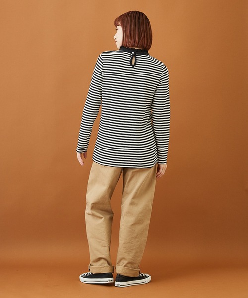 CUBE SUGAR（キューブシュガー）の「ショートスラブフライスボーダー長袖フリルスタンド衿（Tシャツ/カットソー・レディース・ブラック×ホワイト/グレー×ホワイト・M）」の10枚目の写真