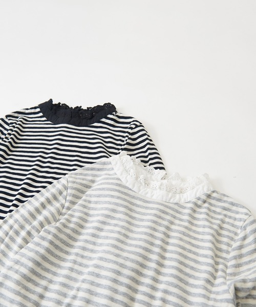CUBE SUGAR（キューブシュガー）の「ショートスラブフライスボーダー長袖フリルスタンド衿（Tシャツ/カットソー・レディース・ブラック×ホワイト/グレー×ホワイト・M）」の17枚目の写真