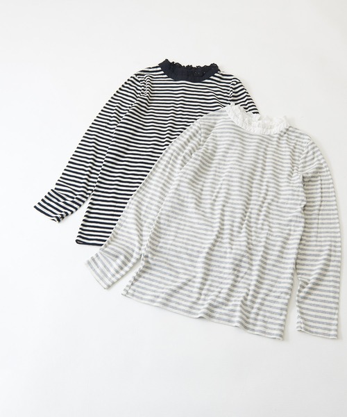 CUBE SUGAR（キューブシュガー）の「ショートスラブフライスボーダー長袖フリルスタンド衿（Tシャツ/カットソー・レディース・ブラック×ホワイト/グレー×ホワイト・M）」の18枚目の写真