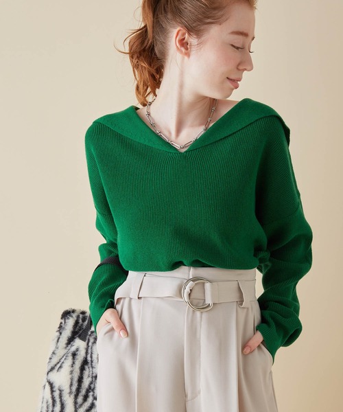 MADEMOISELLE ROPE'（マドモアゼル ロペ）の「<春まで使える>セーラーカラーショートニットプルオーバー（ニット/セーター・レディース・ホワイト/ベージュ/グリーン・38）」の9枚目の写真