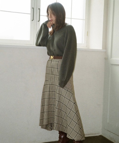 REDYAZEL（レディアゼル）の「ブロッキングチェックフレアスカート（スカート・レディース・ブラウン/グリーン/グレー・MEDIUM/SMALL）」の7枚目の写真