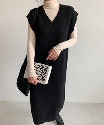 ロングニットベストワンピース