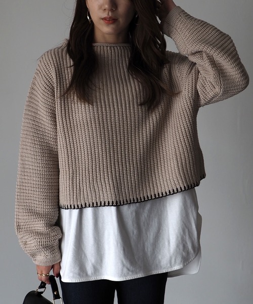 Riberry(リベリー)の「配色ステッチ入りショートニット(ニット/セーター・レディース・ベージュ/ブラウン/オフホワイト・MEDIUM)」の3枚目の写真