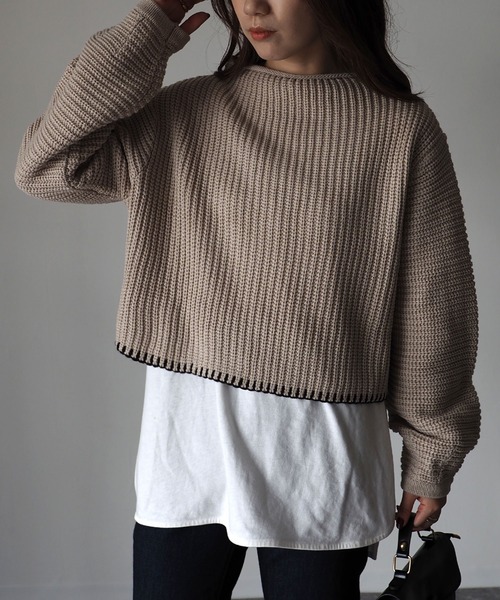 Riberry(リベリー)の「配色ステッチ入りショートニット(ニット/セーター・レディース・ベージュ/ブラウン/オフホワイト・MEDIUM)」の20枚目の写真