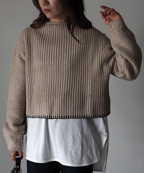 Riberry(リベリー)の「配色ステッチ入りショートニット(ニット/セーター・レディース・ベージュ/ブラウン/オフホワイト・MEDIUM)」の5枚目の写真