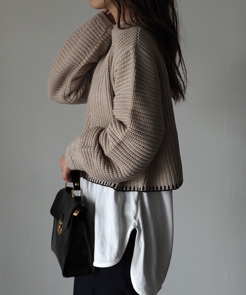 Riberry(リベリー)の「配色ステッチ入りショートニット(ニット/セーター・レディース・ベージュ/ブラウン/オフホワイト・MEDIUM)」の8枚目の写真