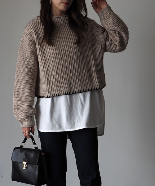 Riberry(リベリー)の「配色ステッチ入りショートニット(ニット/セーター・レディース・ベージュ/ブラウン/オフホワイト・MEDIUM)」の11枚目の写真