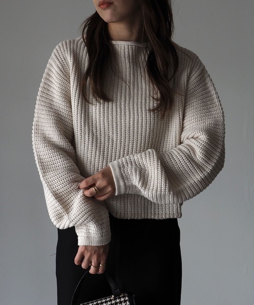 Riberry(リベリー)の「配色ステッチ入りショートニット(ニット/セーター・レディース・ベージュ/ブラウン/オフホワイト・MEDIUM)」の14枚目の写真