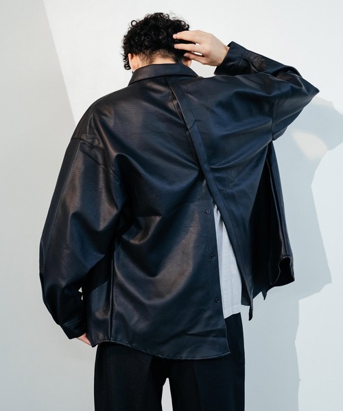 フェイクレザー シャツ ジャケット ゆったり シック 8756 フェイクレザー オーバーサイズ シャツジャケット（シャツ
