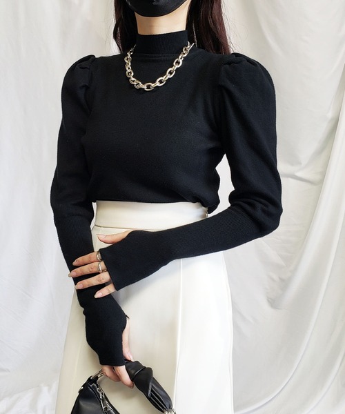 me+em select(ミームセレクト)の「ハイネックタックパフスリーブ指穴ニットトップス(ニット/セーター・レディース・ブラック/ベージュ/レッド・FREE)」の10枚目の写真