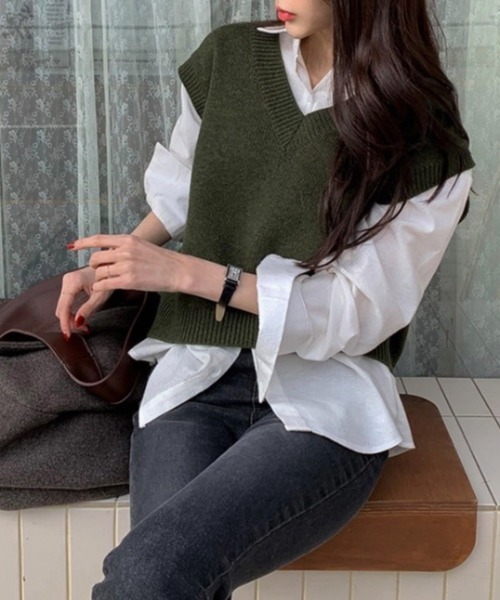 SEN TOKYO（セントーキョー）の「ウールタッチ Vネックニットベスト（ベスト・レディース・ネイビー/ブラウン/グリーン・FREE）」の4枚目の写真