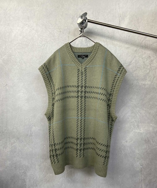 Beno（ビーノ）の「Wジャガード 大柄アソート オーバーシルエット ニットベスト（ベスト・メンズ・ブラック/ブルー/グリーン/マスタード/ホワイト×ブラック/グレイッシュベージュ・M/L）」の20枚目の写真