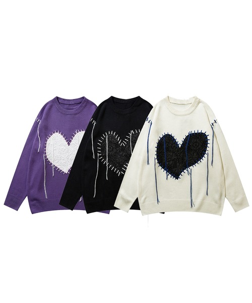 HOOK（フック）の「【HOOK】ハートパッチワーク 垂れ糸デザインニット