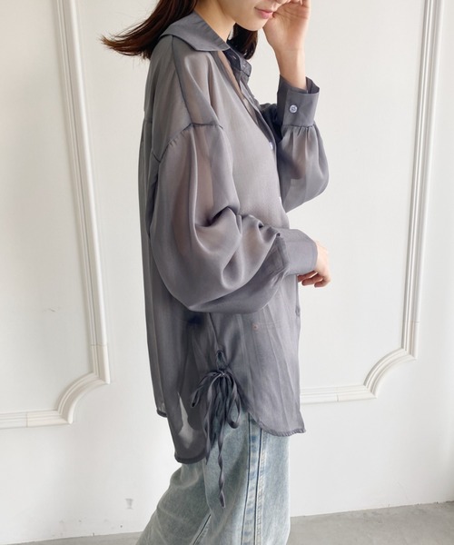 yuue' ( wear )（ユーイ）の「袖ボリューム ドロップショルダー サイドドロー シースルーカラーシャツ（シャツ/ブラウス・レディース・グレー/ライトグリーン/ホワイト/ライトパープル・SMALL/MEDIUM/LARGE/MIDIUM）」の3枚目の写真