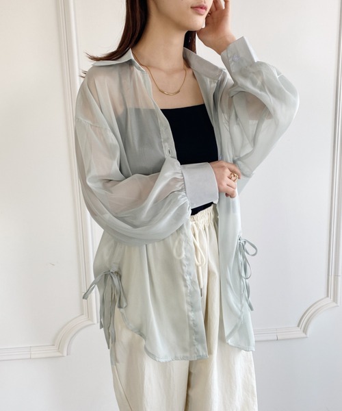 yuue' ( wear )（ユーイ）の「袖ボリューム ドロップショルダー サイドドロー シースルーカラーシャツ（シャツ/ブラウス・レディース・グレー/ライトグリーン/ホワイト/ライトパープル・SMALL/MEDIUM/LARGE/MIDIUM）」の4枚目の写真