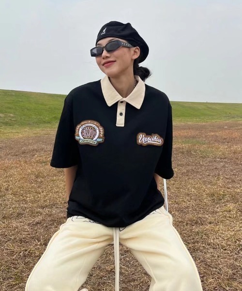MGV（エムジーヴィー）の「バイカラーレトロワッペンポロ（ポロシャツ・レディース・ブラック/ベージュ・LARGE/MEDIUM/X-LARGE）」の10枚目の写真