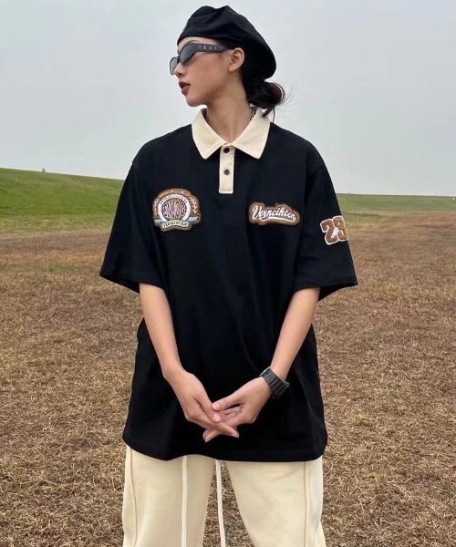MGV（エムジーヴィー）の「バイカラーレトロワッペンポロ（ポロシャツ・レディース・ブラック/ベージュ・LARGE/MEDIUM/X-LARGE）」の9枚目の写真