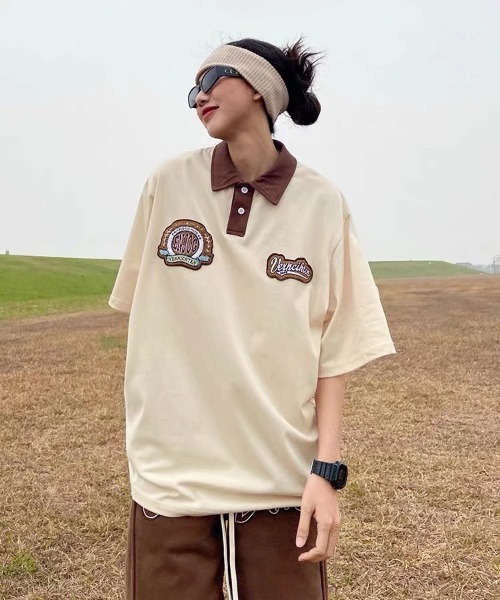 MGV（エムジーヴィー）の「バイカラーレトロワッペンポロ（ポロシャツ・レディース・ブラック/ベージュ・LARGE/MEDIUM/X-LARGE）」の5枚目の写真