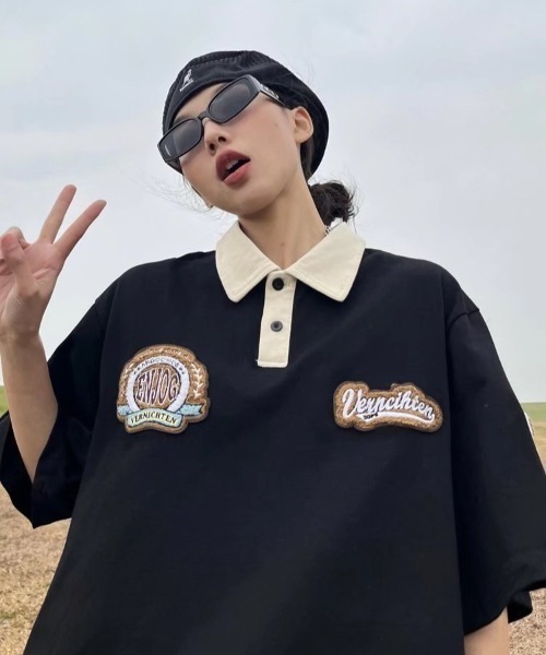 MGV（エムジーヴィー）の「バイカラーレトロワッペンポロ（ポロシャツ・レディース・ブラック/ベージュ・LARGE/MEDIUM/X-LARGE）」の8枚目の写真