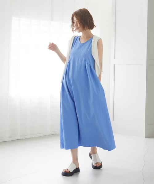 皺加工ギャザーノースリワンピース